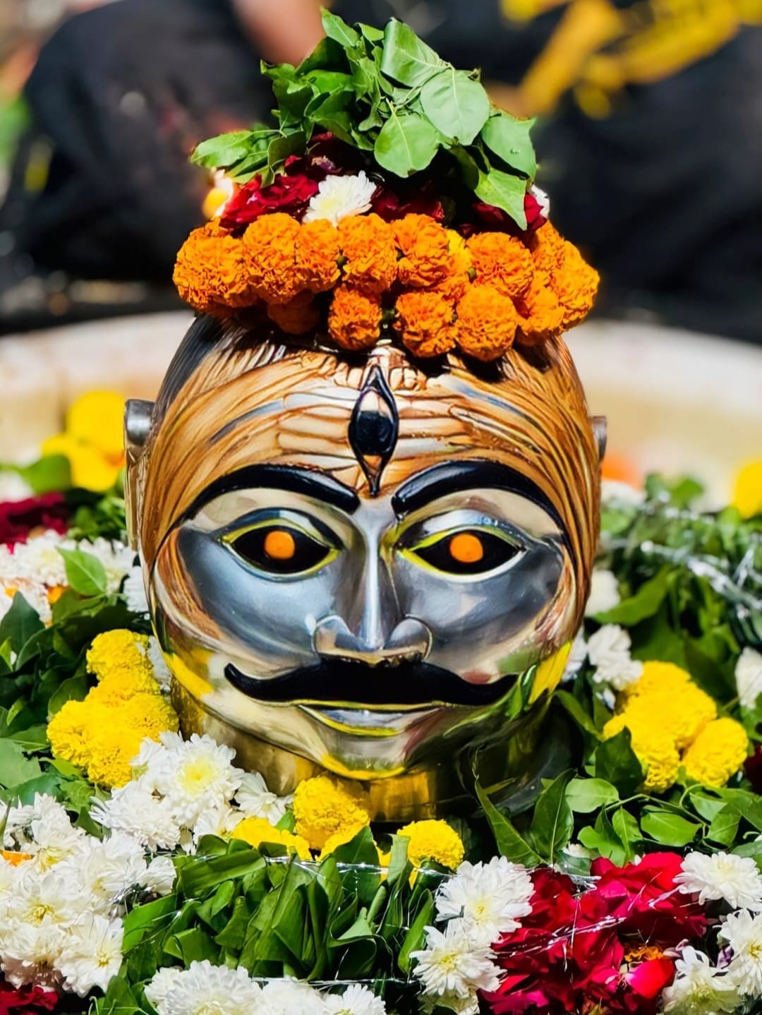 A devotional temple ritual moment showing the sacred atmosphere and traditional arrangements around Trimbakeshwar worship.